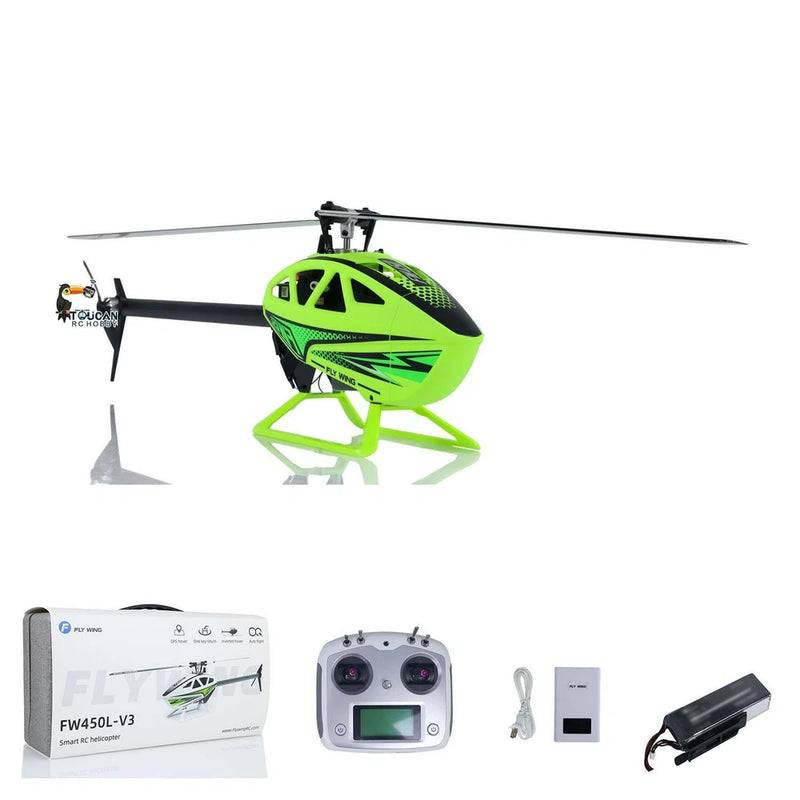 Green RC helicopter drone with controller, battery, and charger components