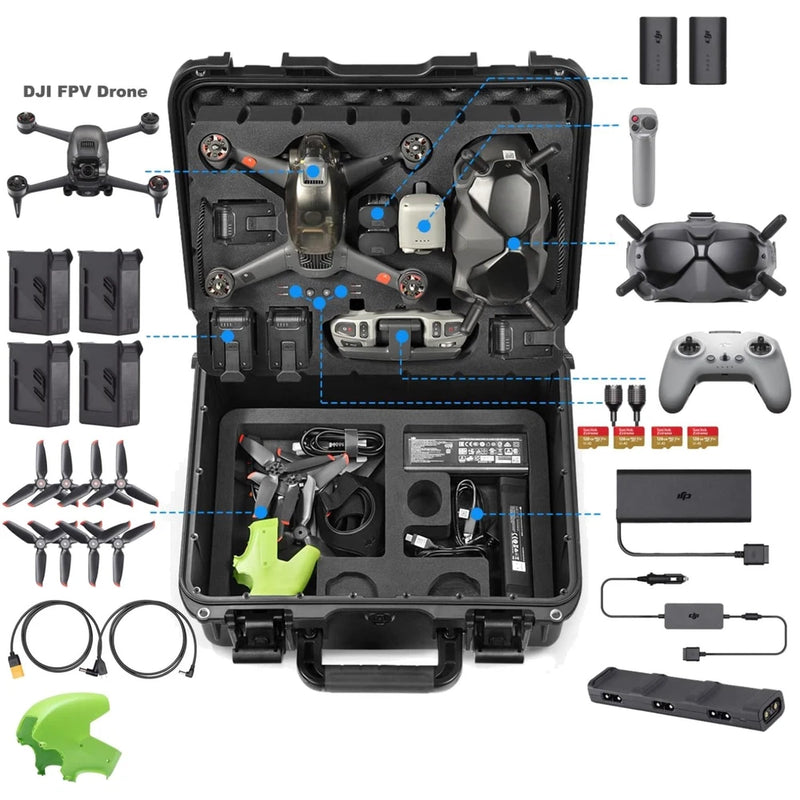 Waterproof hard case with foam inserts, open to show DJI FPV drone accessories.