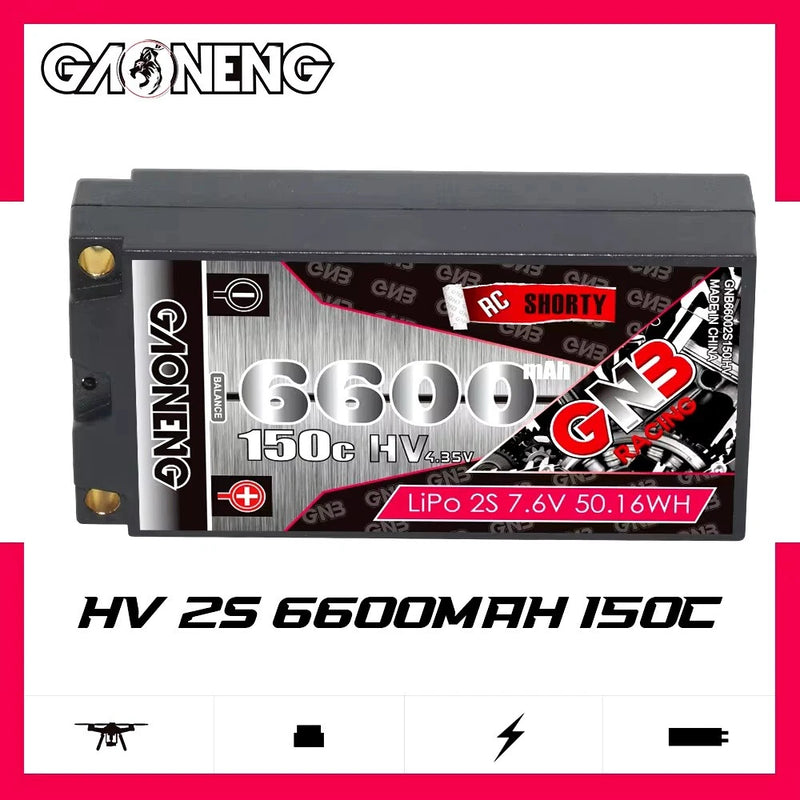 LiPo 2S HV 7.6V 6600mAh 150C GNB Short Shorty Pack Hard Case 5mm Bullet/Deans T Battery