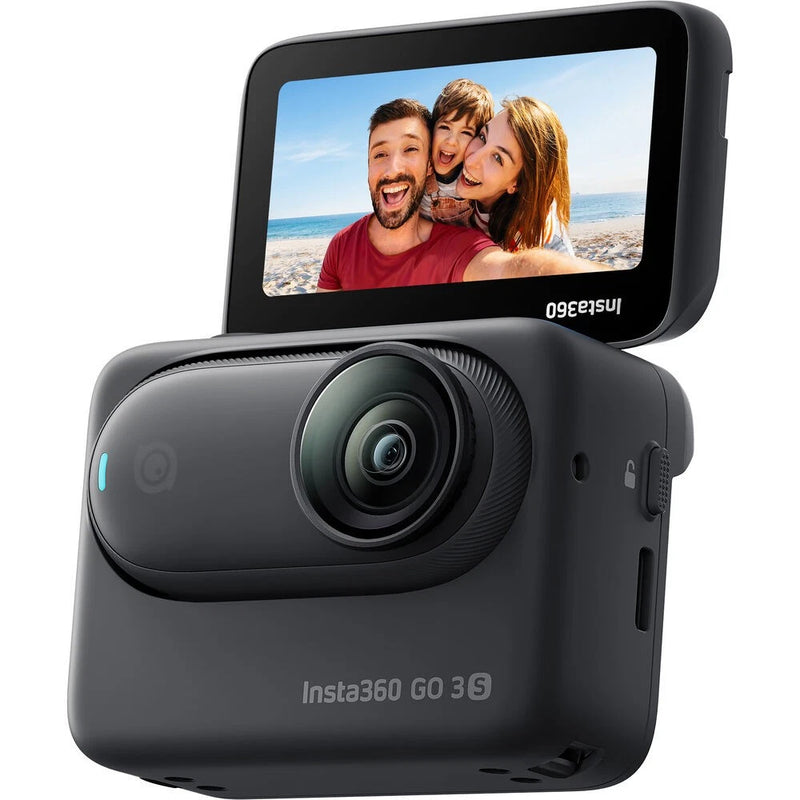Midnight black Insta360 GO3 S compact action camera with front lens and open screen