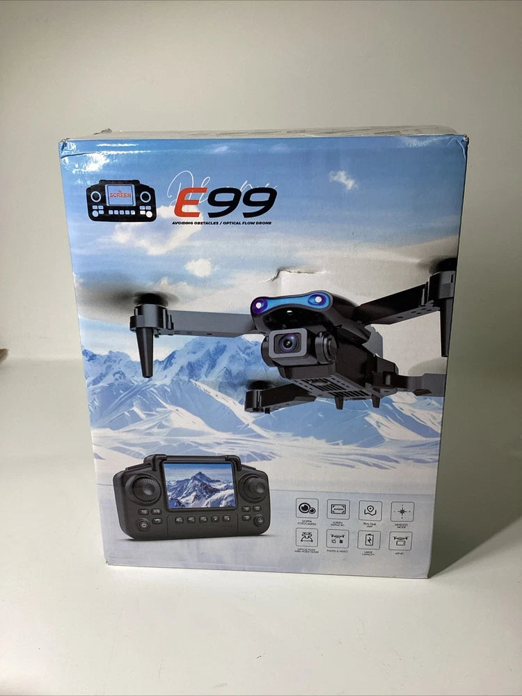 E99 drone set box with drone, remote, and controller screen