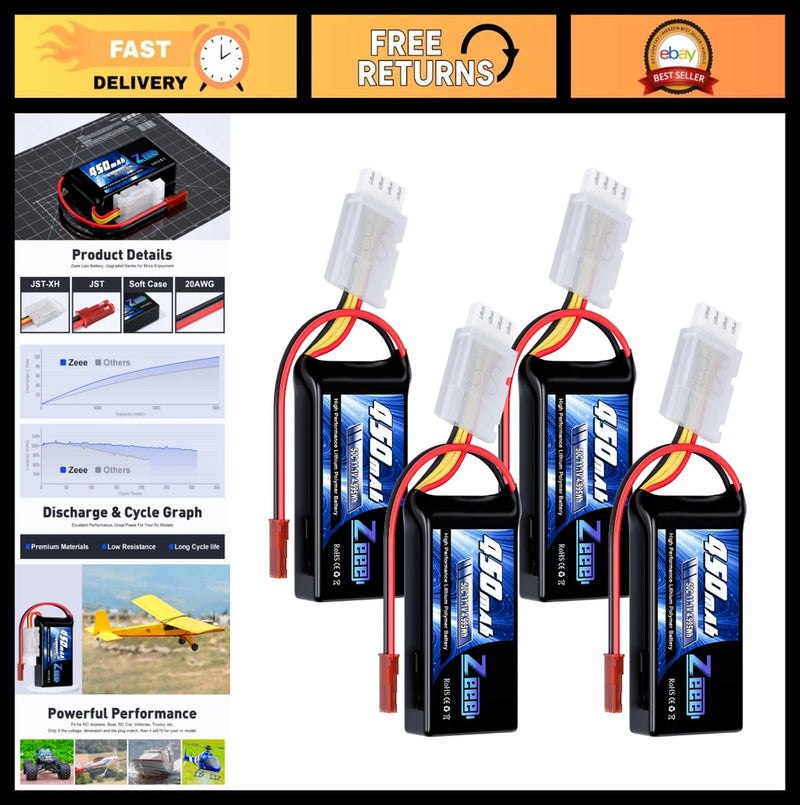 High-Performance 3S 450mAh Lipo Battery 11.1V 50C with JST Plug - 4 Pack Battery