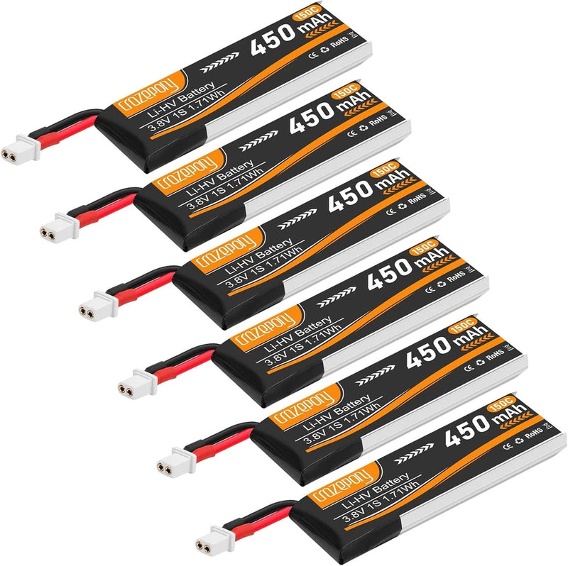6pcs 1S Battery BT2.0 3.8V 150C 450mAh Lipo Battery with BT2.0 Connector for 1S