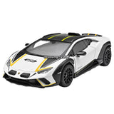White Lamborghini-style diecast model car with black and yellow racing details