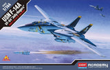 1/144 scale Academy F-14A fighter jet model in USN VF-84 Jolly Rogers livery