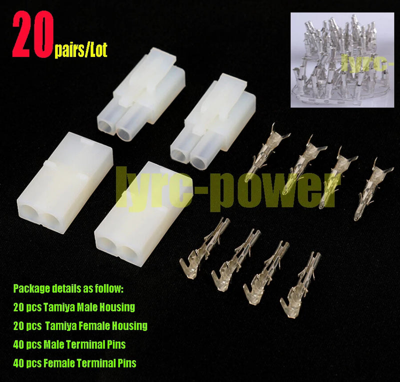 20-pair 2-pin Tamiya connector plug set with male and female housings and pins