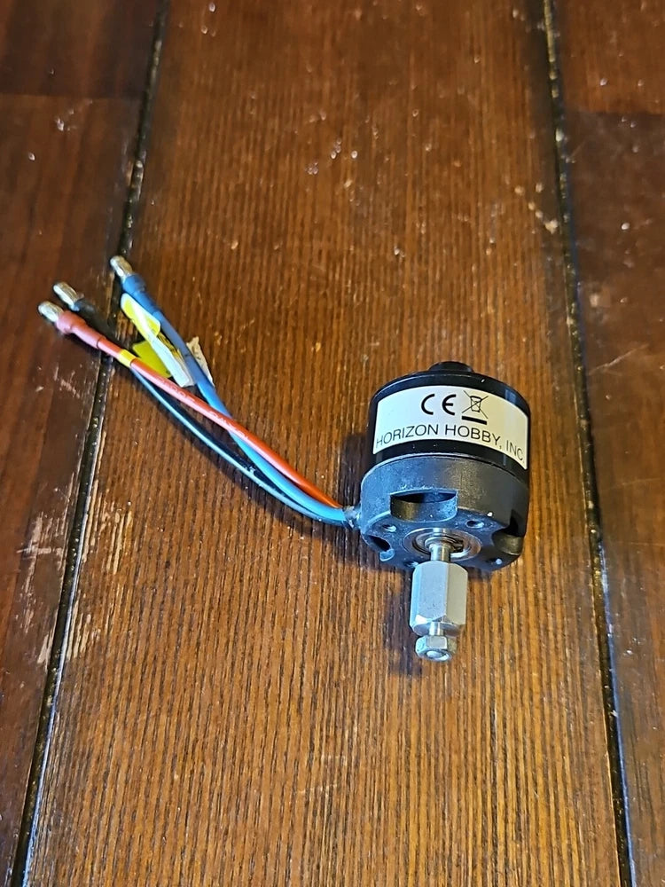 Horizon Hobby brushless outrunner motor with blue housing and wire leads