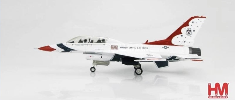 Hobby Master 1/72 F-16D Thunderbirds model jet, red-white-blue side view, landing gear down