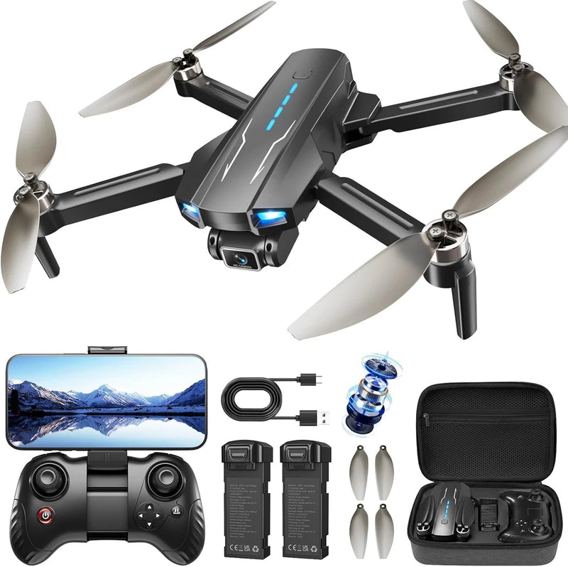 Black kids quadcopter drone with camera, propellers, controller, batteries and storage case