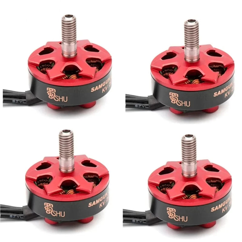 Red brushless motor with threaded shaft and 4 mounting holes, part of drone set