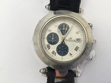 Round silver chronograph watch face with black strap, date window, multiple subdials—battery needed
