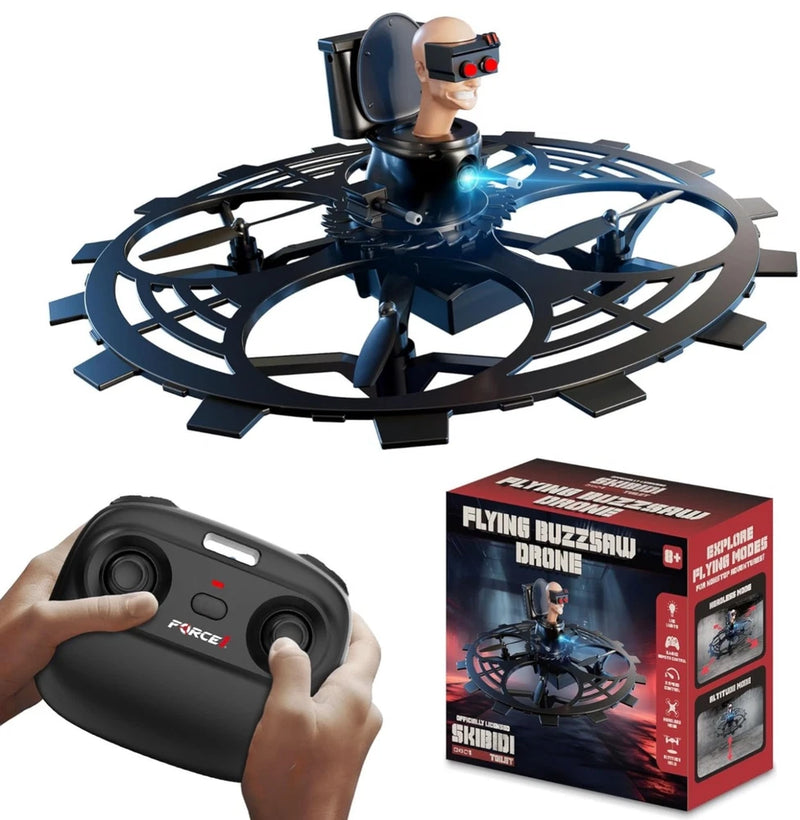 Flying buzzsaw drone with remote controller, blue and black circular frame