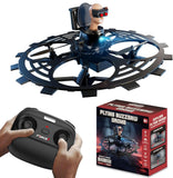 Flying buzzsaw drone with remote controller, blue and black circular frame