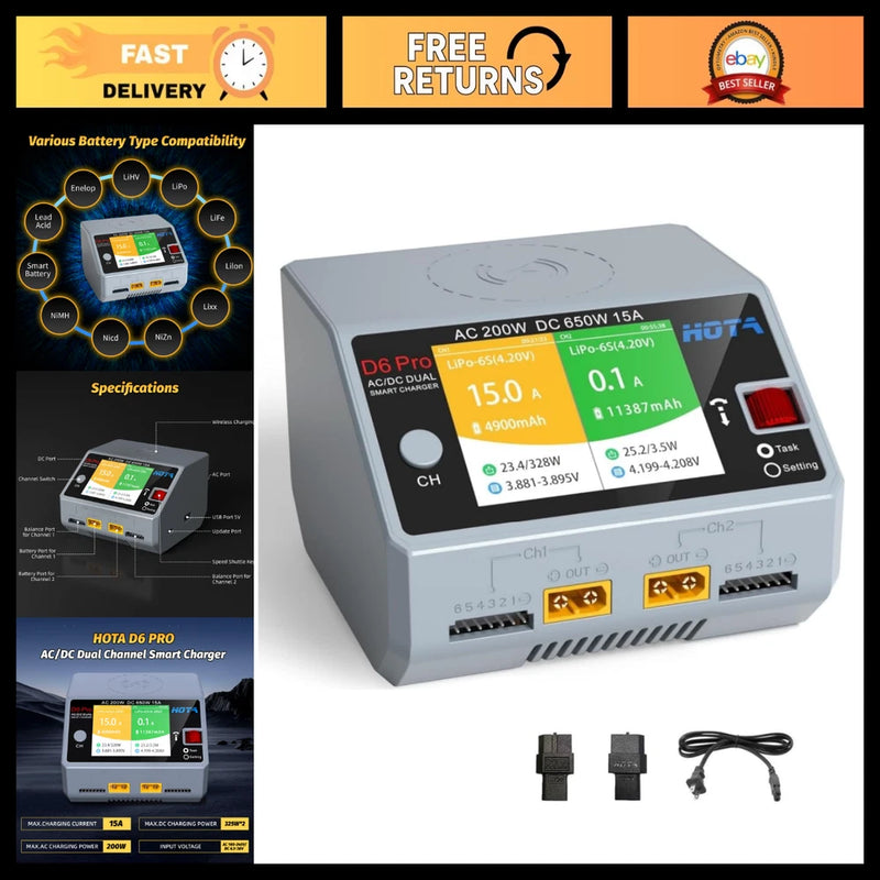 Dual Channel RC Battery Charger for 1-6S LiPo Batteries, Smart Fast Charging Battery