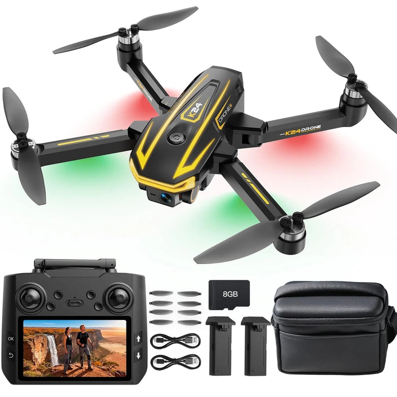 FPV quadcopter drone kit with remote controller screen, batteries, and carrying case