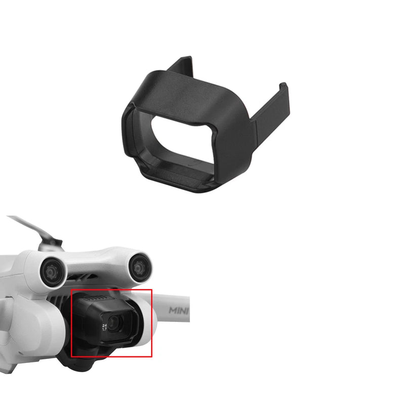 Black ABS drone lens sunshade accessory with hood, shown attached to camera module