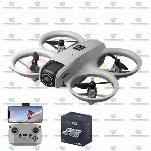 Gray quadcopter drone with four propellers and remote controller