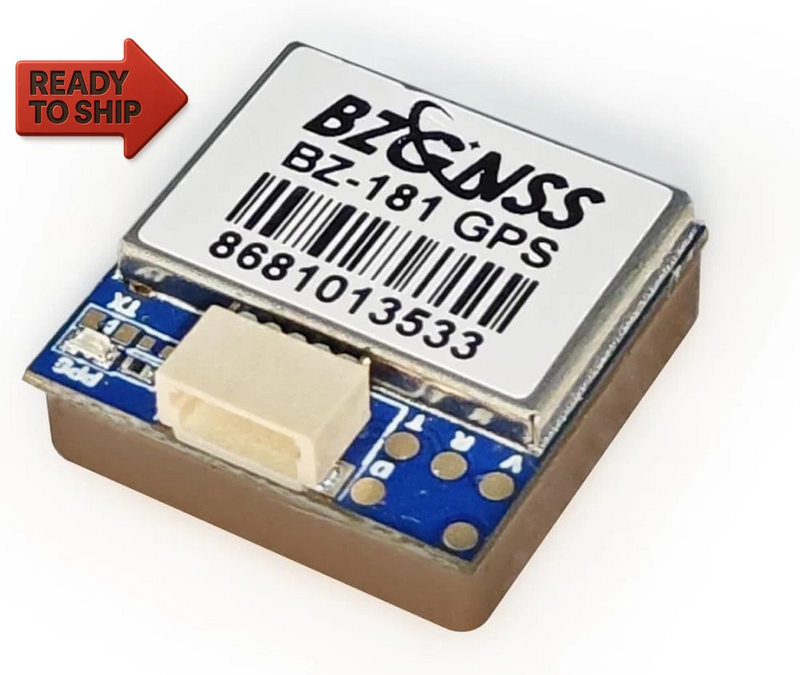 Drone GPS module with blue PCB and metal shield, BZ-181 label on top