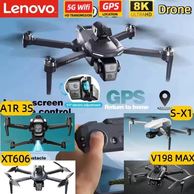 Gray quadcopter drone with front camera and four foldable arms, plus GPS antenna