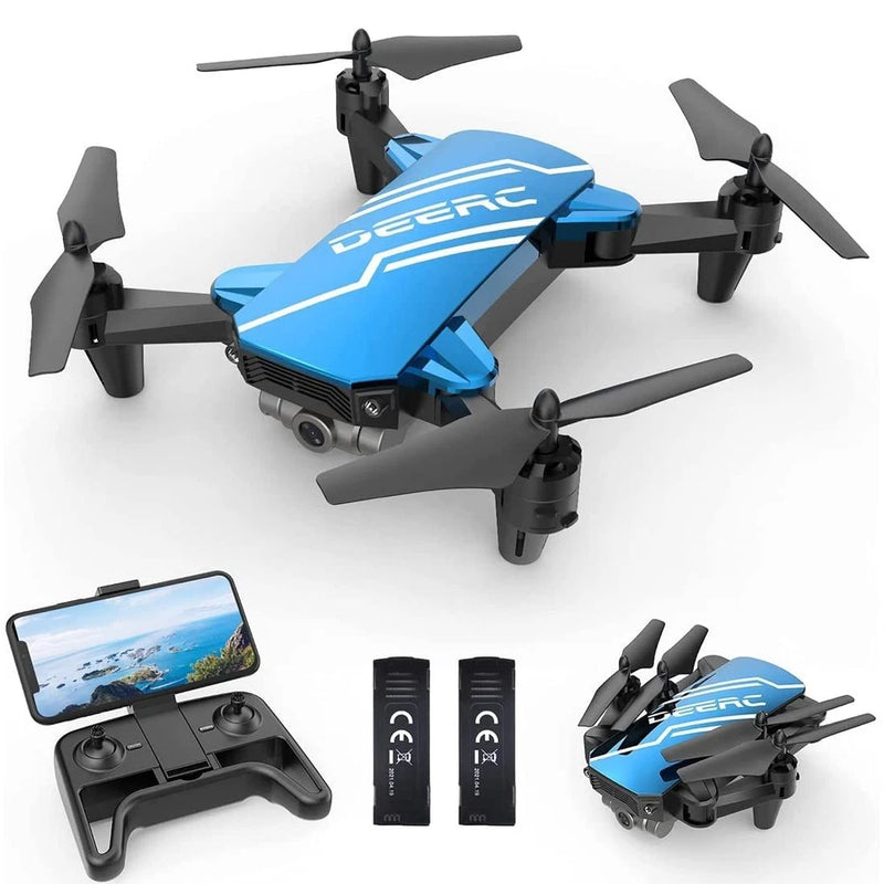 Mini drone with camera, blue body and four propellers with remote controller