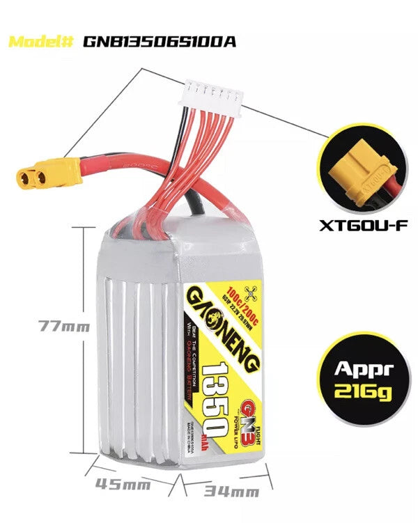 GNB Gaoneng 6s 1350mah 100c/200c XT60 Lipo Battery Goblin Fireball Mini Comet Battery