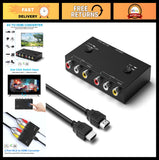 Black AV to HDMI converter adapter with RCA jacks and HDMI output cables, dual ports