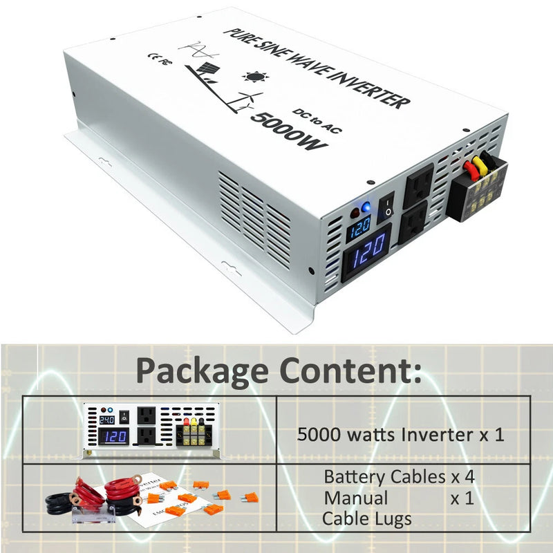 5000W Pure Sine Wave Inverter 18V to 120V Power Car Converter Off Grid RV Truck