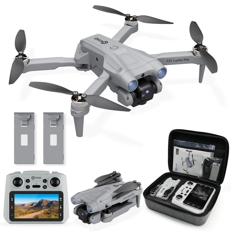 Contixo F21 Pro dual-camera drone kit, grey drone with remote controller and case
