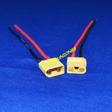 XT90 4.5mm male and female connector plugs with gold terminals, on black/red wire cables