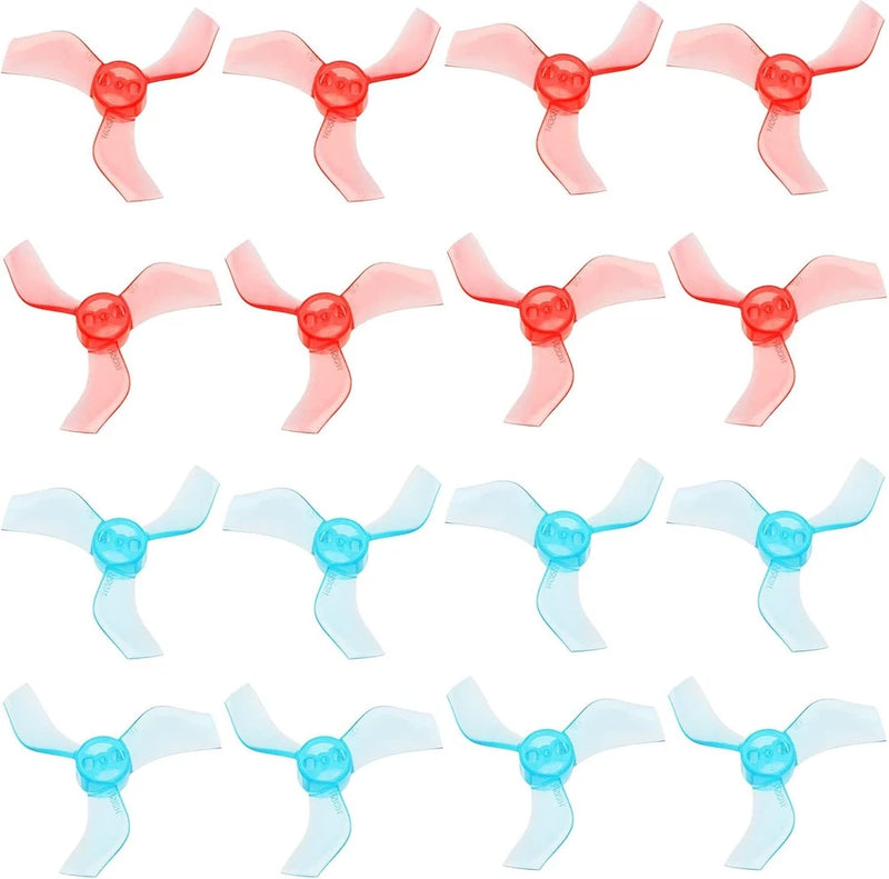 16-pack 40mm 3-blade drone propellers, red and light blue, 1mm shaft