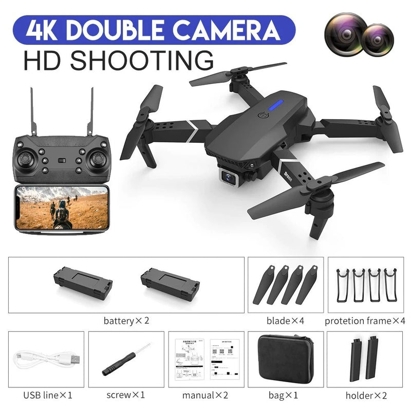 Dual-camera quadcopter drone with four rotors, dark gray body