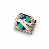 Silver-tone airplane charm with blue and green enamel globe design