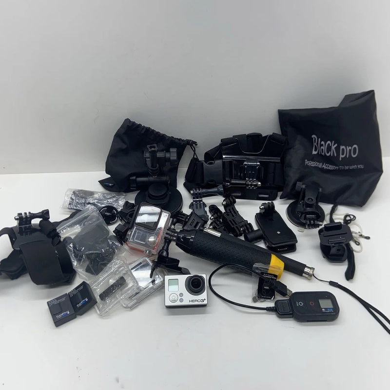 GoPro HERO3+ action camera bundle with remote mounts, batteries, and mounting accessories