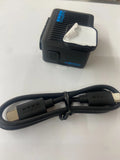 GoPro Hero action camera housing with attached black cables and connectors, front view