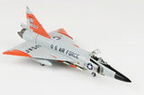 Orange-and-white F-102A Delta Dagger model airplane with USAF markings and landing gear