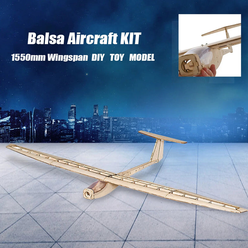 Balsa aircraft glider kit with long wing frame and tail assembly