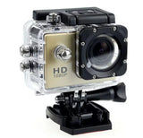 Waterproof action camera in clear case with tan front, wide lens on black mount base