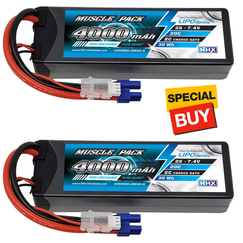 NHX Muscle Pack 2S 7.4V 4000mAh 20C Hard Case Lipo Battery (2) w/ EC3 Connector Battery