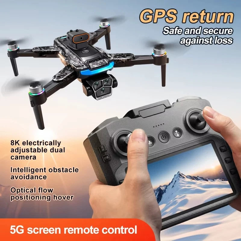 RC drone with dual cameras and GPS remote controller with touchscreen