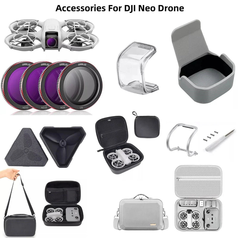 Drone accessory set with filter lens caps, prop guards, and carrying cases