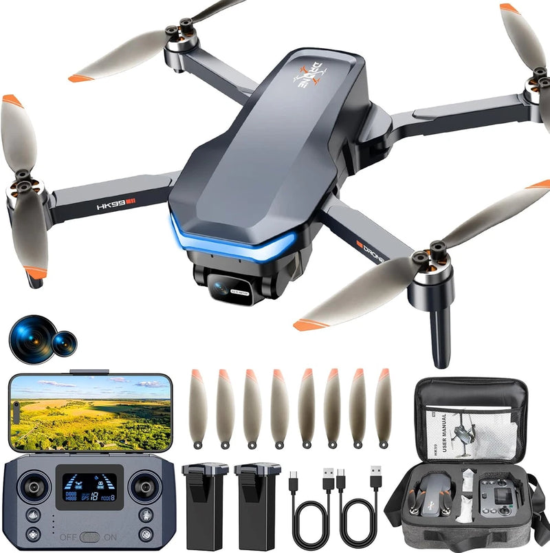 Foldable GPS quadcopter drone with 4K camera, controller, batteries, cables, and case