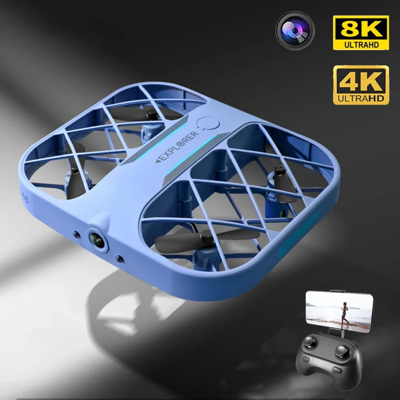 Light blue quadcopter drone with built-in camera
