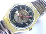 Swatch wristwatch with black dial, pink hands, metal bracelet and bezel