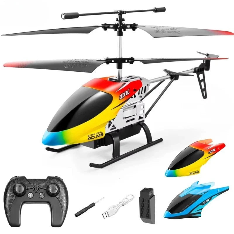 RC helicopter toy with colorful fuselage, skids, spinning blades, and remote controller set