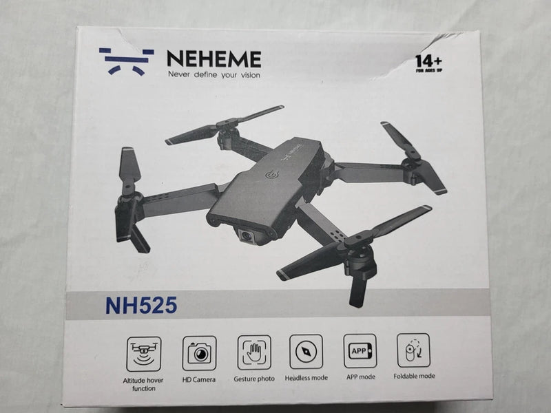 NEHEME NH525 pocket folding drone retail box with printed features on front