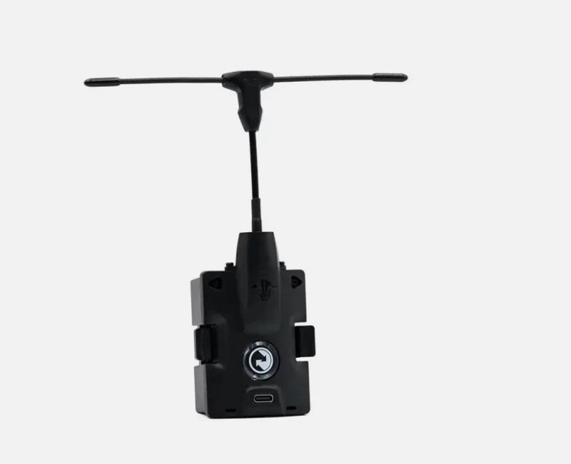 Black long-range micro radio transmitter module with side dial and mounting bracket
