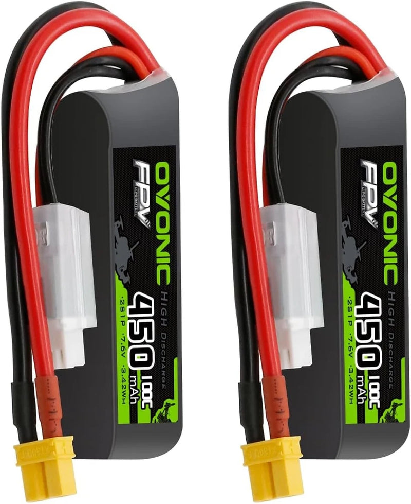 7.6V 100C 450mAh 2S Lipo Battery Long Size with XT30 Plug 1 Package Including 2 Battery