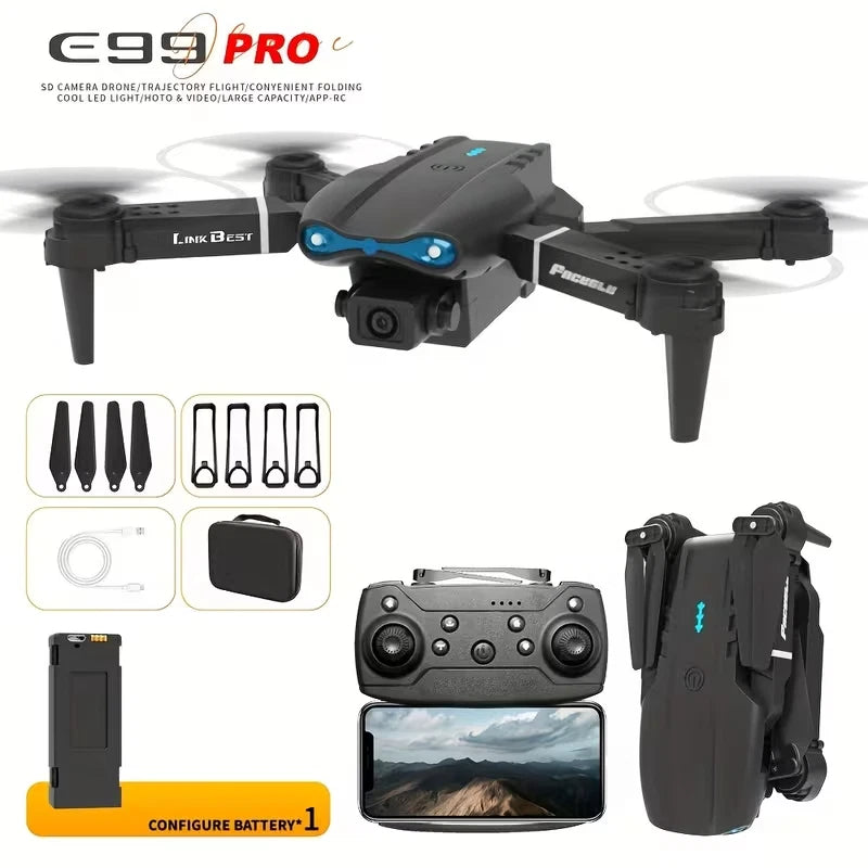 Quadcopter drone with front camera and controller, carrying case, propellers