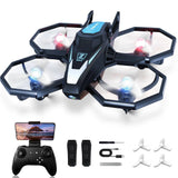 Mini quadcopter drone with camera, black body, four spinning propellers and accessories
