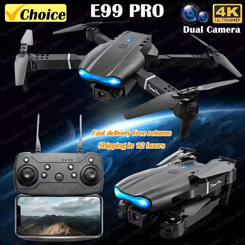 RC quadcopter drone with dual camera and remote controller, shown with display screen